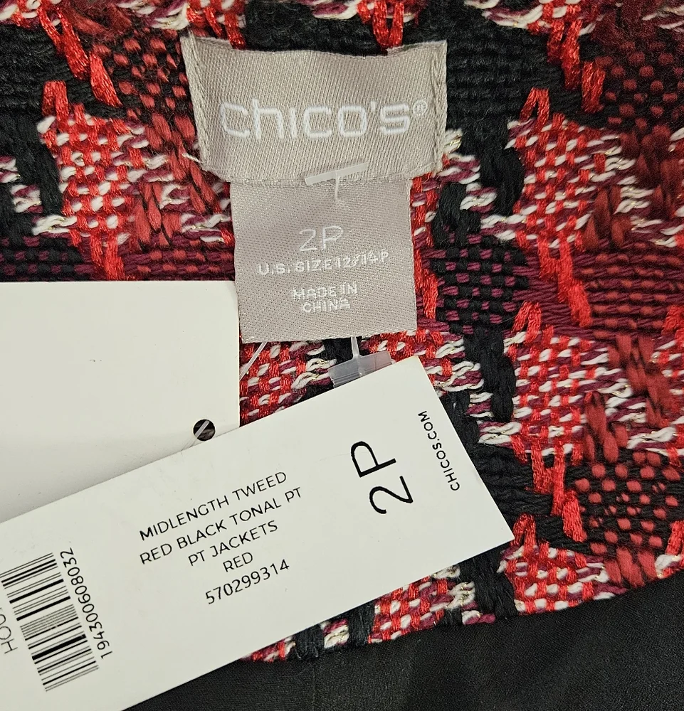 NWT Chico’s Red & Black Houndstooth Tweed Blazer Jacket Size Petite Size 12